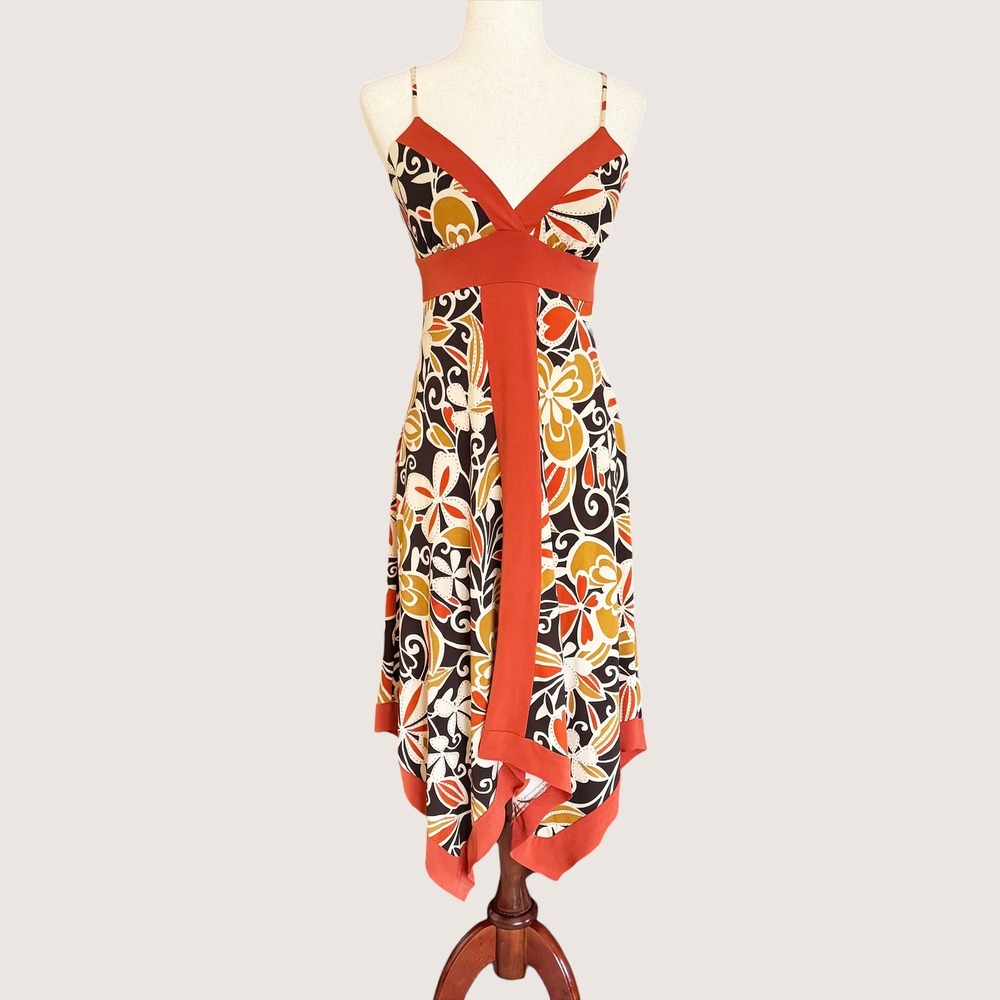 XOXO Vintage Floral Handkerchief Midi Dress Orange Brown Medium Fairy 90s Y2K